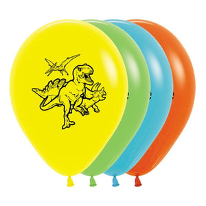 Balloon - Printed Latex Dinosaurs Fashion Yellow, Lime, Caribbean Blue & Orange Latex Balloons 30cm 25pk