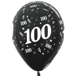 Balloon - Printed Latex Metallic Black Age 100 Latex Balloons 30cm 25pk