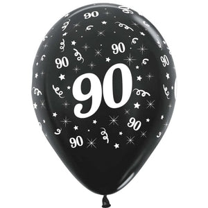 Balloon - Printed Latex Metallic Black Age 90 Latex Balloons 30cm 25pk