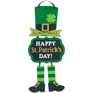 Decorations - Props Happy St Patrick's Day Leprechaun Triple MDF Sign with Bow & Ribbon Hanger 48cm x 20cm Each