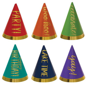 Games & Favors - Party Hat & Mask Rainbow Colours Foil Mini Party Cone Hats 10cm 12pk