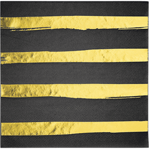 Tableware - Napkins Black Velvet & Gold Foil Striped Lunch Napkins 33cm x 33cm 16pk