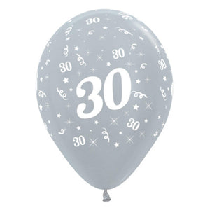 Amscan_OO Balloon - Printed Latex Age 30 Satin Pearl Silver Latex Balloon 30cm 6pk