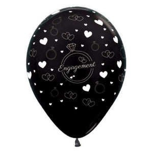 Amscan_OO Balloon - Printed Latex Engagement Diamond Rings & Hearts Metallic Black Latex Balloons 30cm 6pk