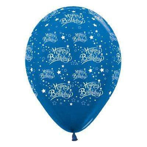 Amscan_OO Balloon - Printed Latex Happy Birthday Stars Metallic Blue Latex Balloon 30cm 25pk