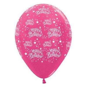 Amscan_OO Balloon - Printed Latex Happy Birthday Stars Metallic Fuchsia Latex Balloon 30cm 6pk