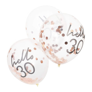 Balloon - Printed Latex Mix It Up Rose Gold Confetti Filled 'Hello 30' 30cm Balloons 5pk