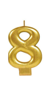 Amscan_OO Decorations - Cake Decorations - Candles Numeral Metallic Gold #8 Candle 8cm Each