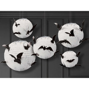 Decorations - Decorative Fans, Pom Poms & Lanterns Classic Halloween Black & White Paper Lanterns with Bat Add Ons 5pk