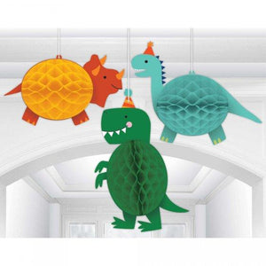 Amscan_OO Decorations - Decorative Fans, Pom Poms & Lanterns Dino-Mite Party Dinosaur Honeycomb Hanging Decorations 3pk