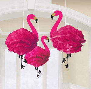 Amscan_OO Decorations - Decorative Fans, Pom Poms & Lanterns Flamingo Fluffy Hanging Decorations 3pk