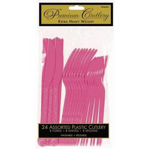 Amscan_OO Tableware - Spoons, Forks, Knives & Tongs Bright Pink Premium Plastic Cutlery Set 24pk